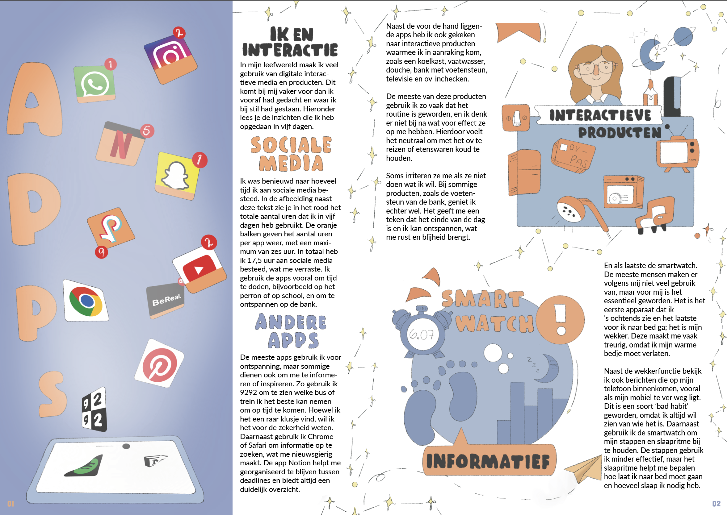 Een magazinespread met tekst over verschillende CMD werkvelden en een illustraties die de werkvelden omschrijven