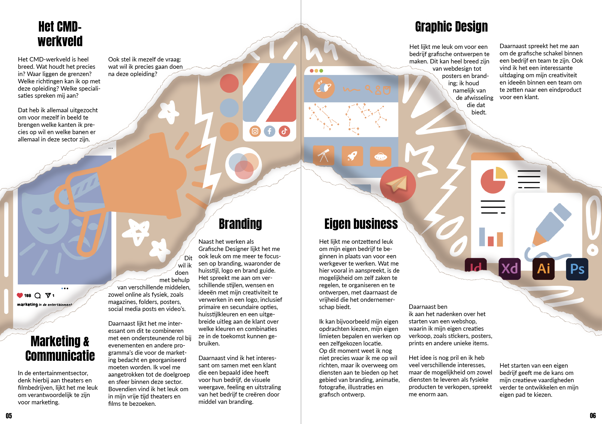 Een magazinespread met tekst over verschillende CMD werkvelden en een illustraties die de werkvelden omschrijven