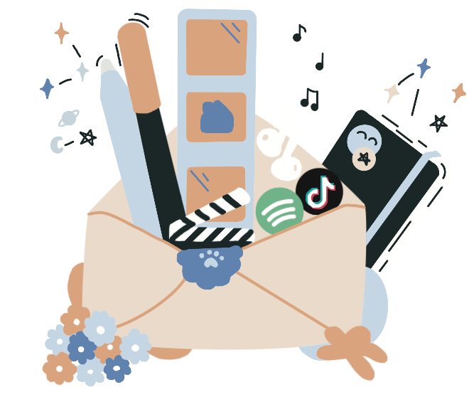 Een illustratie van een enveloppe gevuld met een pen, stiften, oortjes, apps en een schetsboek