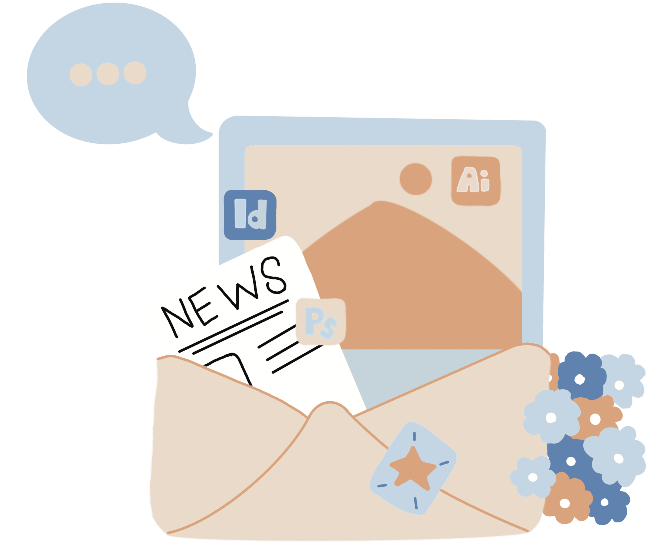 Een illustratie van een enveloppe gevuld met een krant en een placeholder 